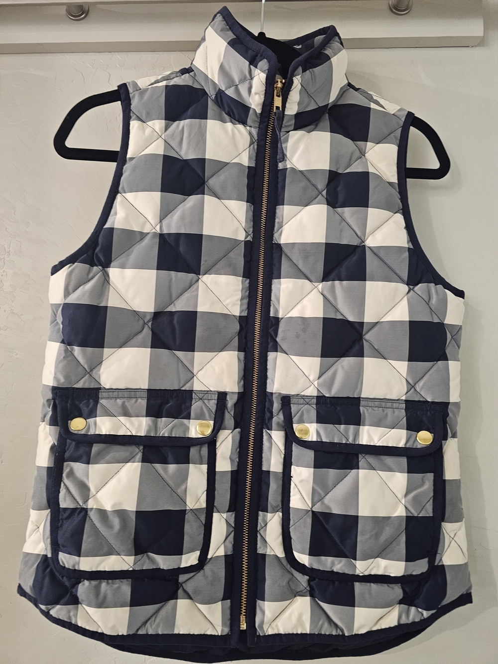 J. Crew Quilted Plaid Puffer Vest - Navy & Ivory